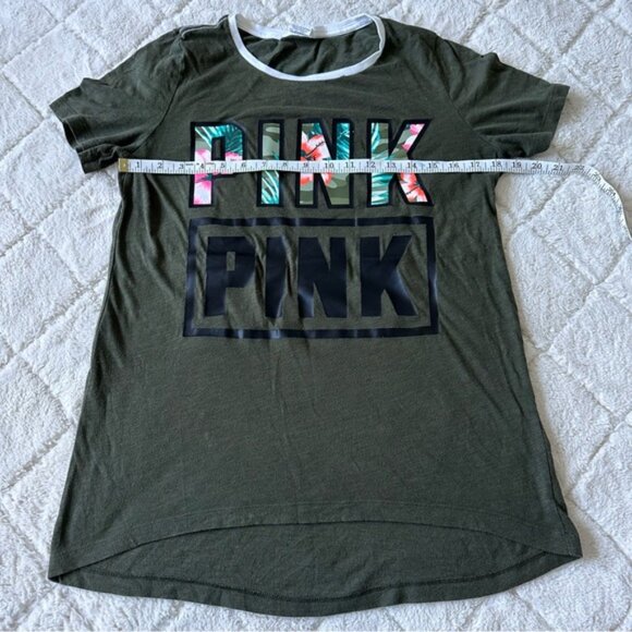 Victoria's Secret PINK | Olive & Tropical Print Logo Crew Neck Tee | Size Large - Picture 7 of 8